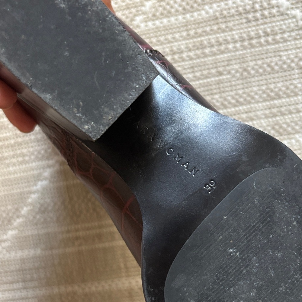 Zara Burgundy Croc-Embossed Leather Ankle Boots - Picture 8 of 10